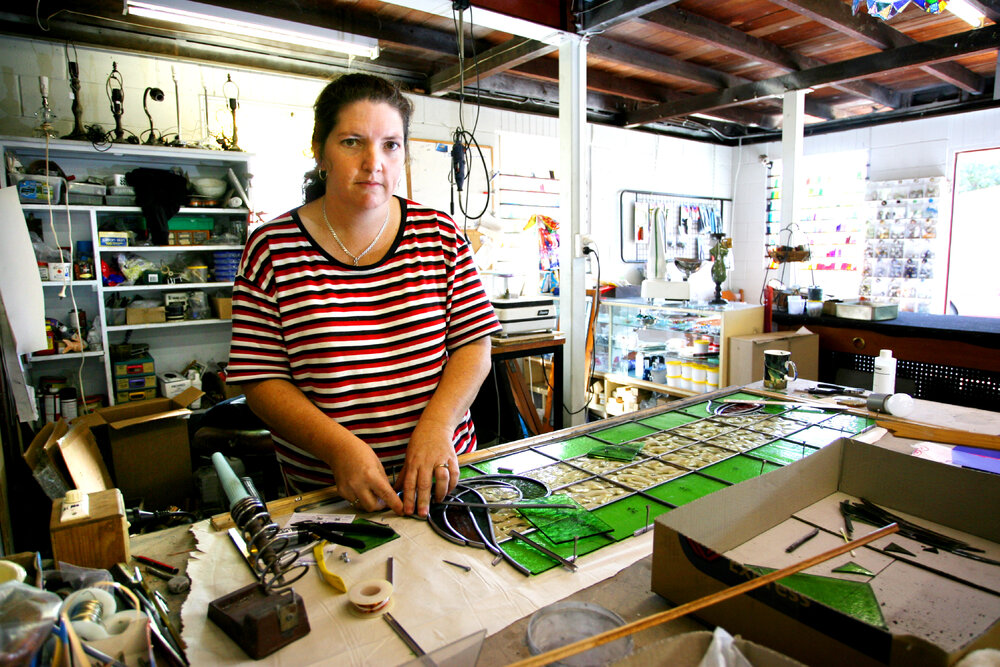 Michelle Hollister at a work in her lead lighting shop, Brisbane Road, East Ipswich, May 2007