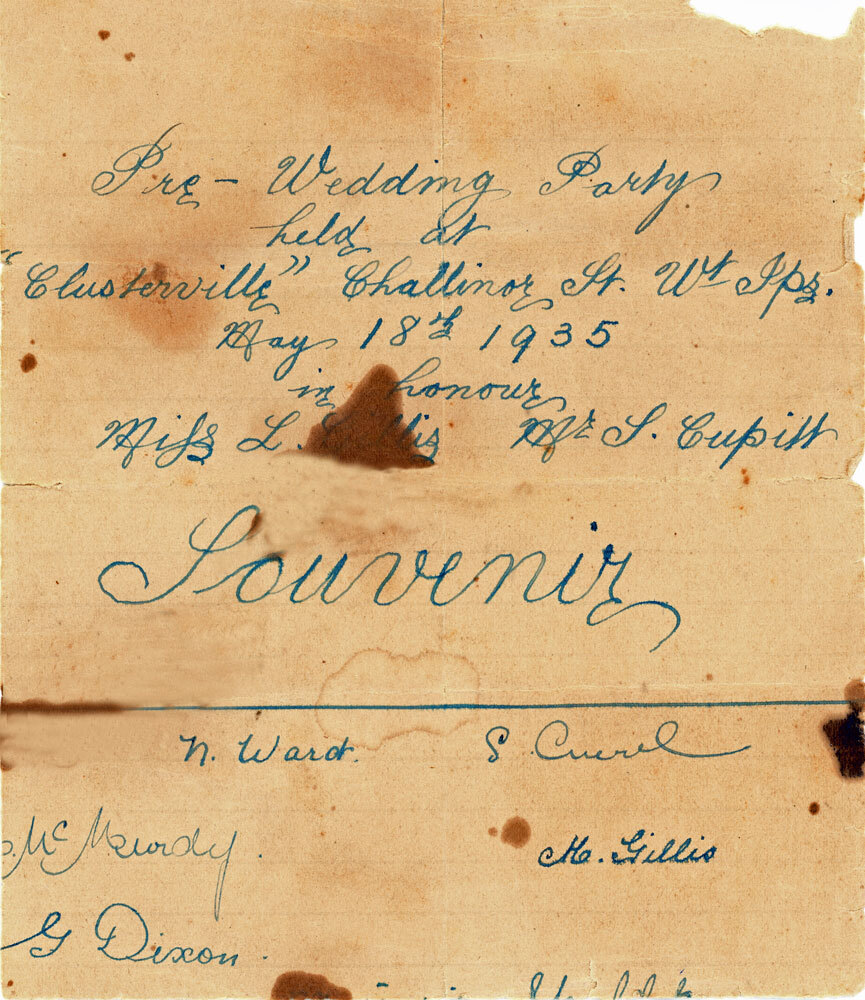 Miss L. Gillis and Mr S. Cupitt's pre-Wedding Party Invitation, 1935