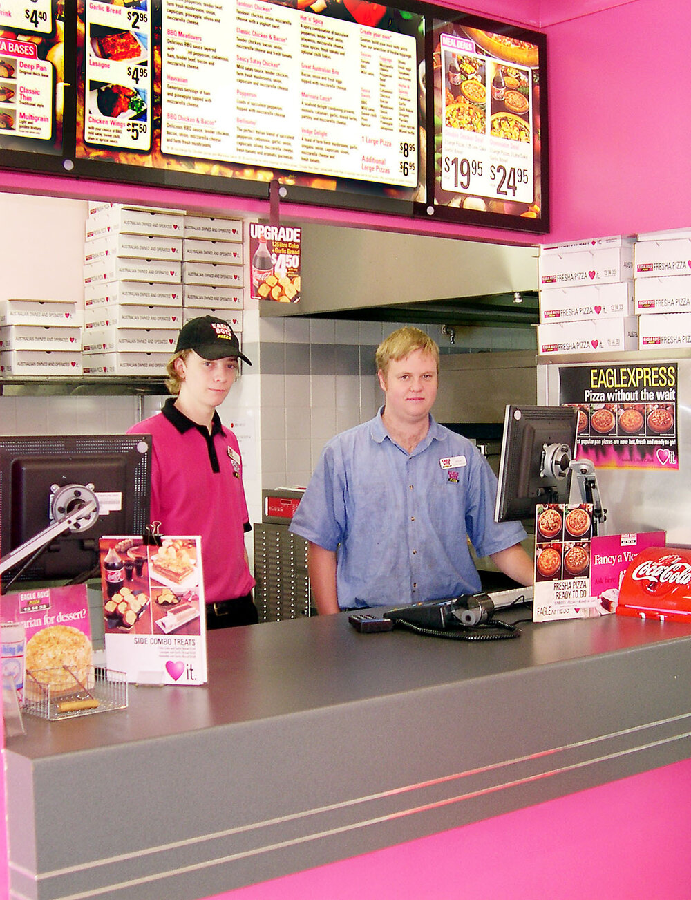 Dan Bonner and Jeremy Stevens (Store Manager) at Eagle Boys at Forest Lake Village, Ipswich, June 2004