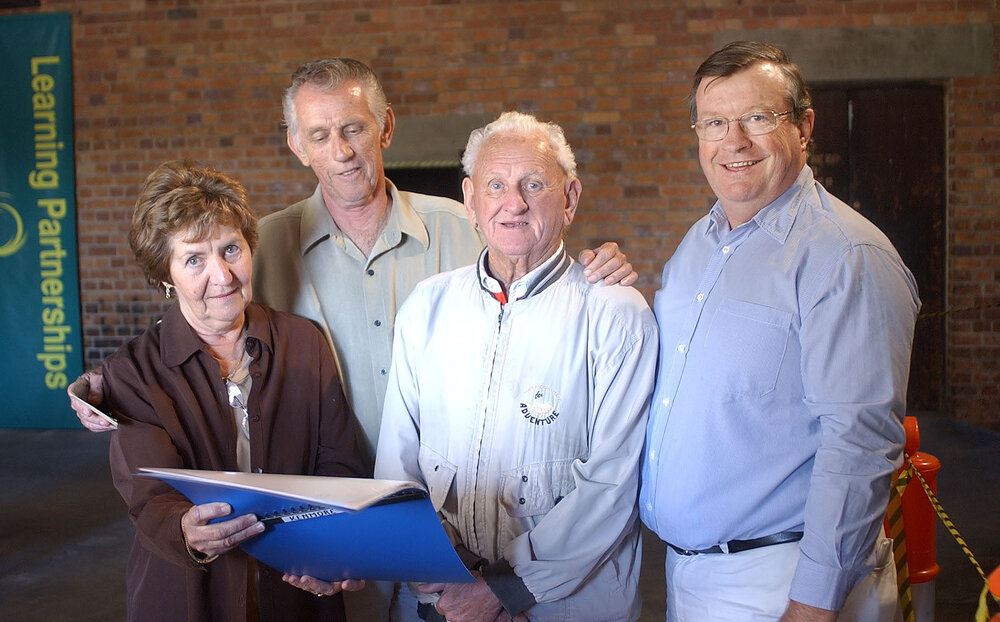 Trish and Dan Leadbetter, James Doolan, and Peter Whitelaw - at the Boiler House reunion at UQ Ipswich, Ipswich, July 2004 