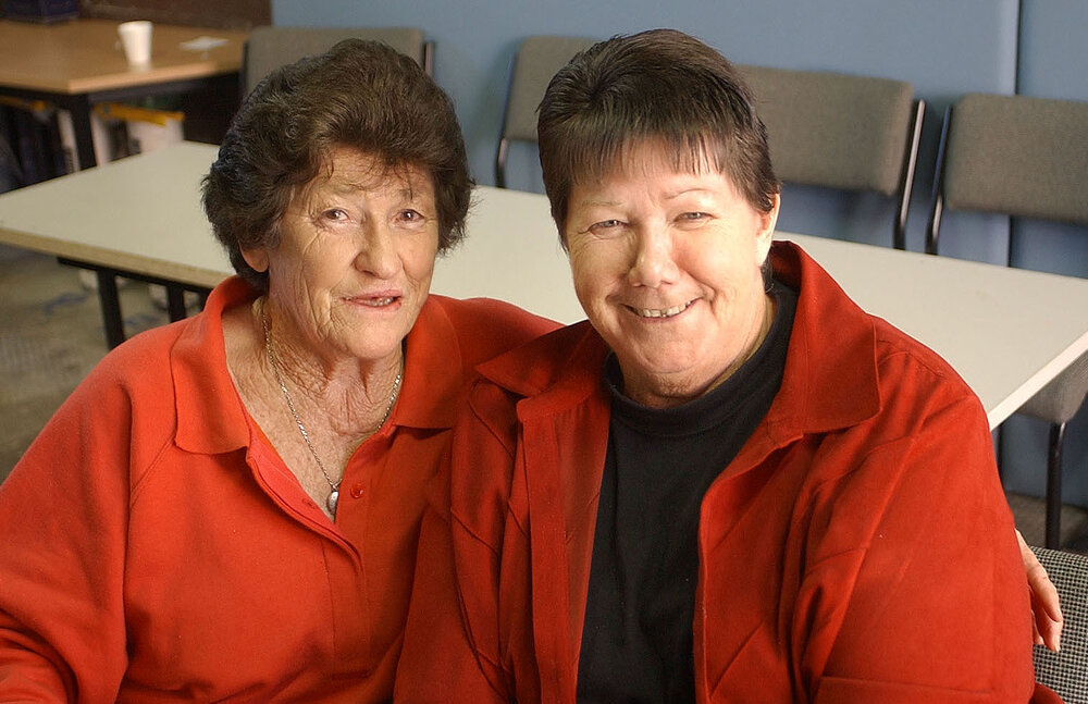 June Schilling and Mary Hudsmith - former nursing staff of Challanger Centre at the Boiler House reunion at UQ Ipswich, Ipswich, July 2004 