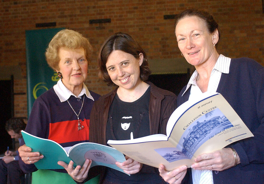 Marlene Pfeffer, Kirsty Holcombe and Barbara Crawford-Campbell, former nursing staff of Challanger Centre at the Boiler House reunion at UQ Ipswich, Ipswich, July 2004 