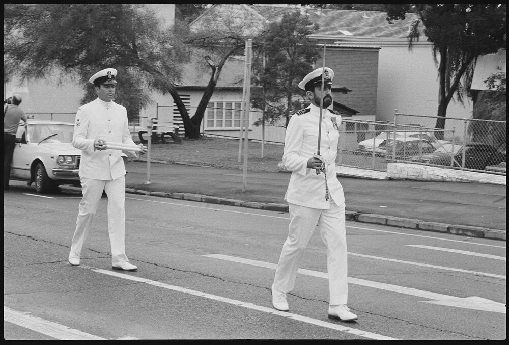 Sailors from H.M.A.S. Ipswich marching along Limestone Street, during a 'Freedom of Entry to the City' event, Ipswich, January 1986