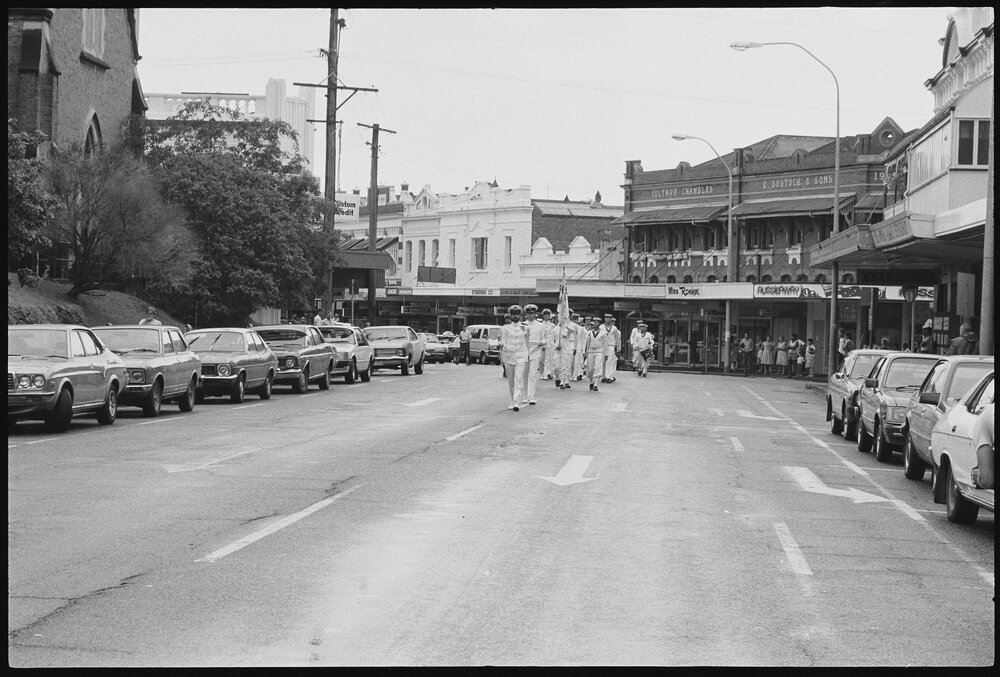 Sailors from H.M.A.S. Ipswich marching along Nicholas Street, during a 'Freedom of Entry to the City' event, Ipswich, January 1986