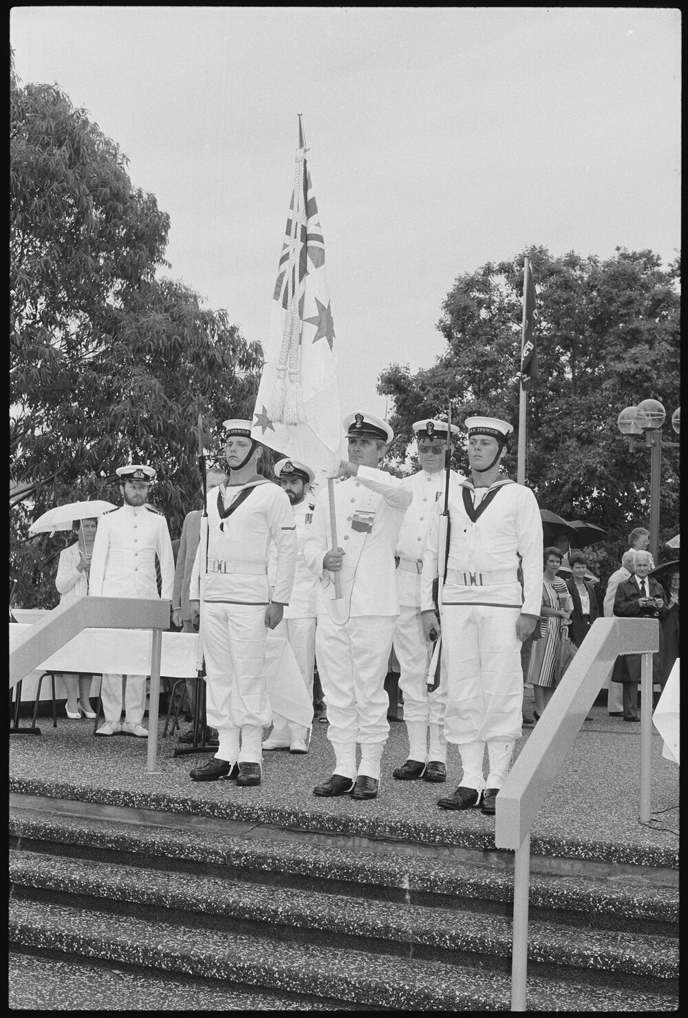 Sailors from H.M.A.S. Ipswich standing on the steps of the Ipswich Civic Centre, during a 'Freedom of Entry to the City' event, Nicholas Street, Ipswich, January 1986