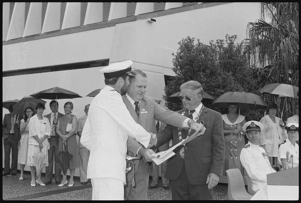 H.M.A.S. Ipswich 'Freedom of Entry to the City' event, on the steps of the Ipswich Civic Centre, Nicholas Street, Ipswich, January 1986