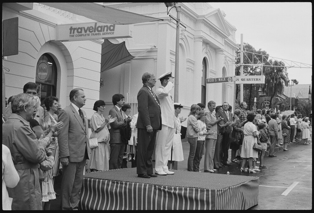 Sailors from H.M.A.S. Ipswich marching past the dais, during a 'Freedom of Entry to the City' event, Brisbane Street, Ipswich, January 1986