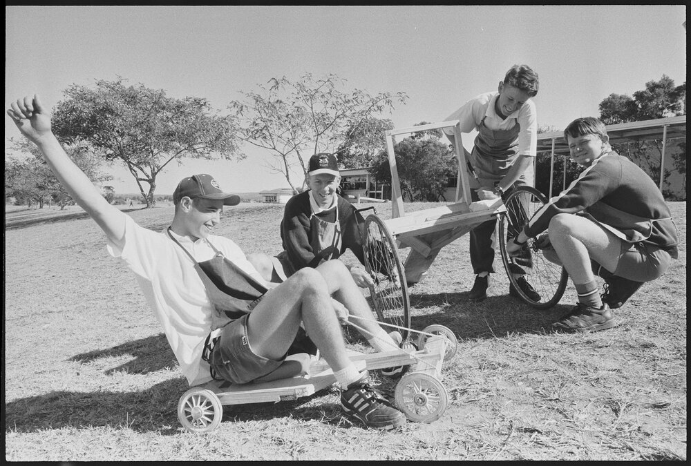 Unidentified teenage boys building go-carts, location unknown, 1st August 1994 