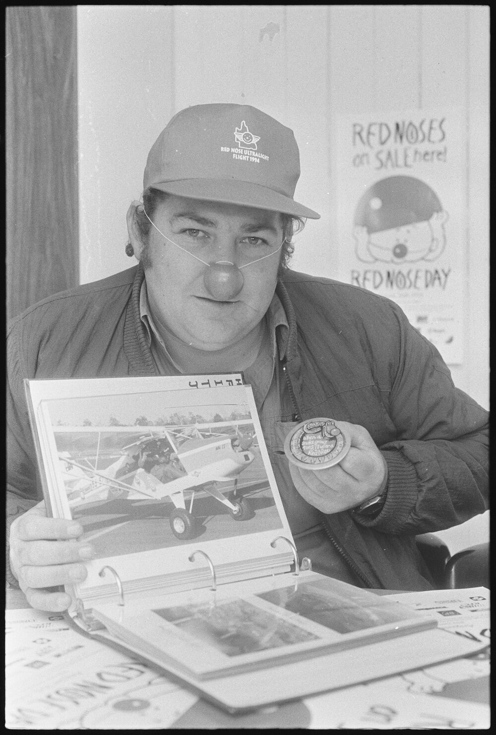 Unidentified man promoting a Red Noses Day event, location unknown, 1st August 1994