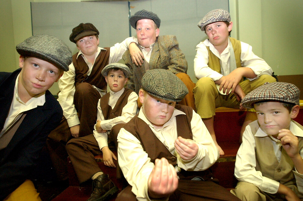 Rhys Warwick, Thomas Davis, Owen Vellacott, Corey Warwick, Lloyd Sommerlad, Hayden Stait, Laurie Ledger as part of the cast in the Oliver Musical, Ipswich, August 2004 