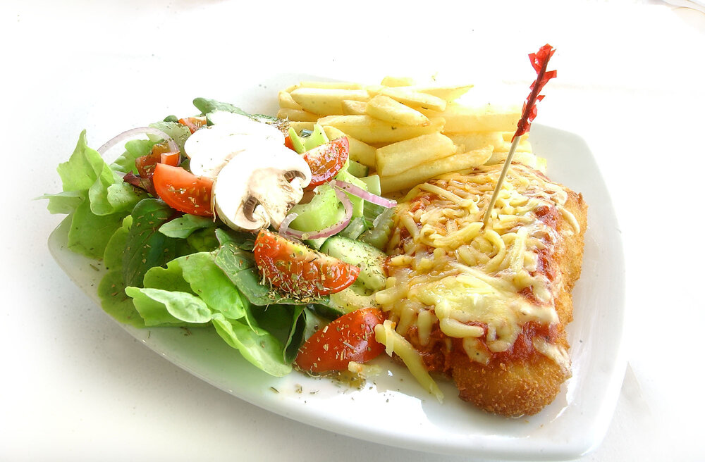 Chicken schnitzel with chips and salad, Ipswich, January 2005 