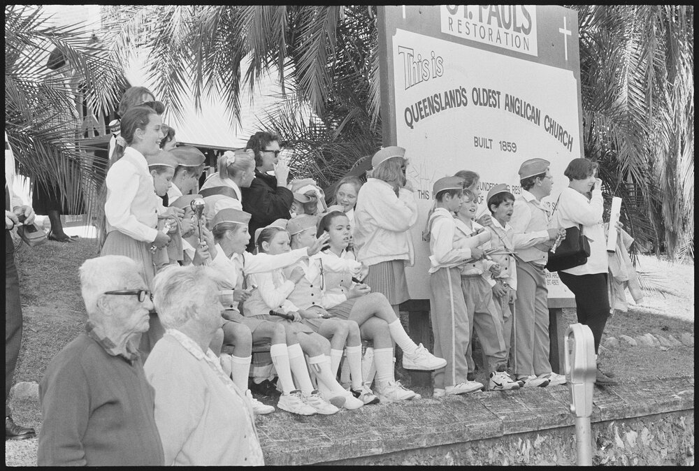 Members of the Girls' Brigade watch as the parade of Variety Bash vehicles, Brisbane Street, Ipswich, 5th August 1994