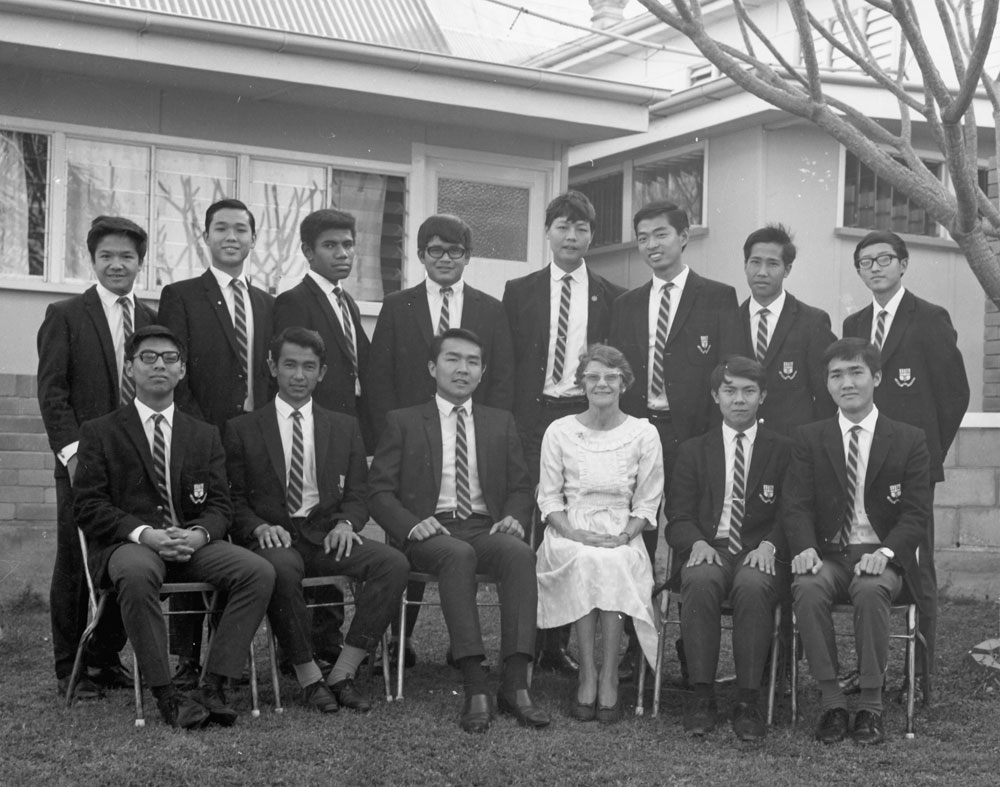 International boarding students with Matron Edith Fox at Ipswich Grammar School, Ipswich, 1968