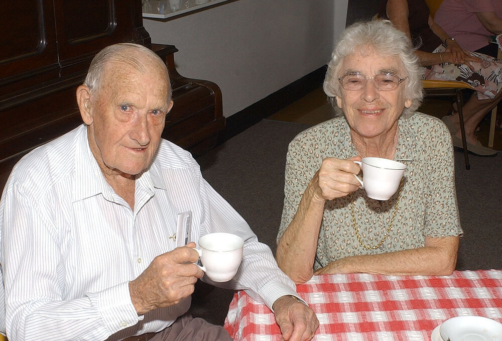 Ipswich Red Cross members Allan and Jean Johnson at their morning tea in aid of the Asian tsunami victims, Ipswich, 12th January 2005 