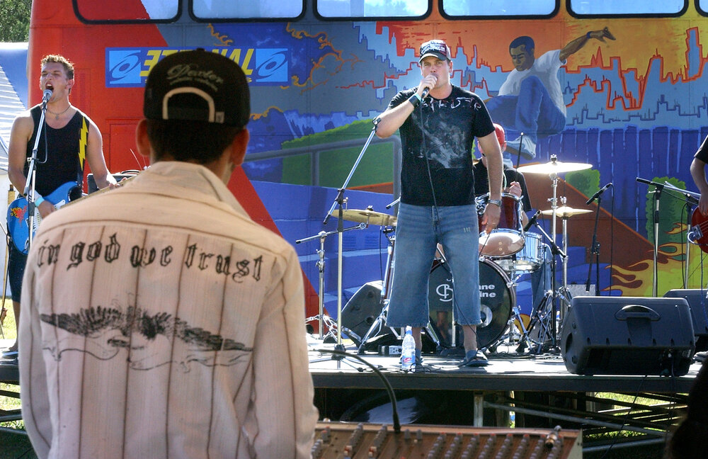 "in god we trust" to help us be a better sound engineer for The Ghetto stage at Sonfest, Ipswich, 20th January 2005