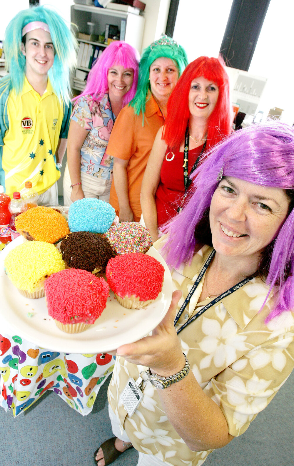 Ipswich Hospital payroll services staff Andrew Ham, Tracey Clark-Robertson, Lynn Rawlings, Narelle Devantier and Anne Coleman have a Dress Bright Day for their Tsunami Fundraiser, Ipswich, 21st January 2005