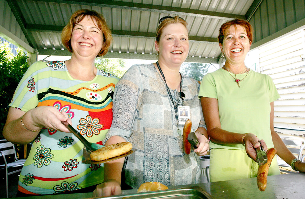 Ipswich Hospital staff Helen Snowling, Sandra West and Penelope Purslow serve up lunch at their Dress Bright Day Tsunami Fundraiser, Ipswich, 21st January 2005