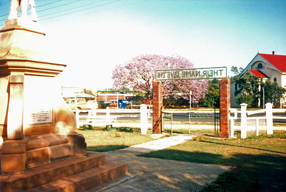 Looking from Bundamba War Memorial to old Methodist Church building at 20 Brisbane Road, Bundamba, Ipswich, 1991