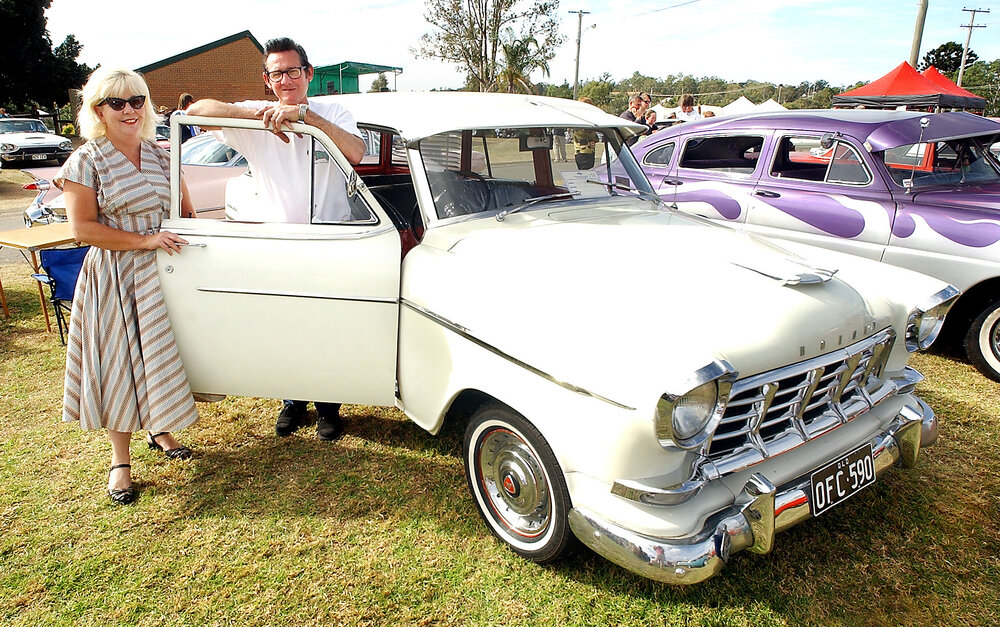 Janis and Paul Ferguson of Brisbane, dress up in the style of the 50s/60s with their 1959 Holden FC Wagon at the Just Rock Ipswich 'back to '63' rock 'n' roll spectacular car show, Ipswich, July 2004 