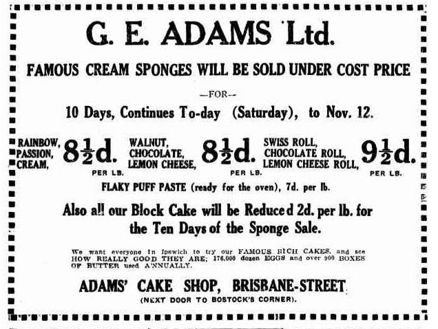 Adams Cake Shop Advertisement, 3 November 1928
