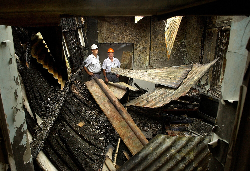 Security guards Ray Jorgensen and Roger Woodward were on duty when the Old Education Centre at the hospital burnt, Ipswich, 9th February 2005