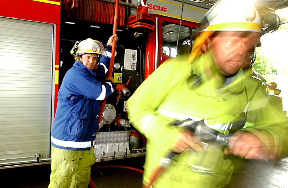 Mark Meier and Peter Ault at Ipswich fire station, Ipswich, 10th February 2005