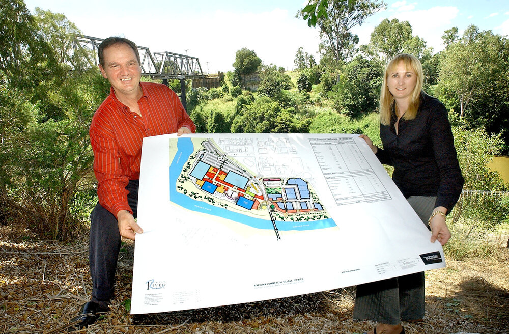 Ipswich mayor Paul Pisasale and councillor Cheryl Bromage wih the new Riverlink plans, Ipswich, 15th February 2005