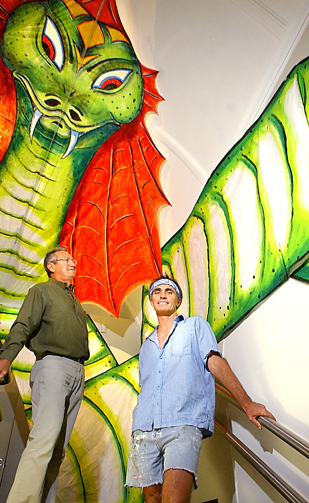 Charlie Pisasale with artist Tony Rice at the sneak preview of the new exhibition at the Ipswich Art Gallery called Colourful Kites, Ipswich, 16th February 2005