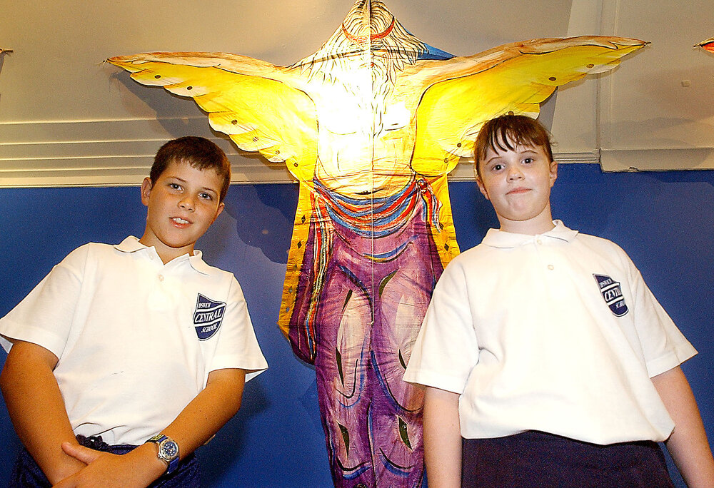 Jackson Auld and Laura Adamson at the Colourful Kites exhibition at the Ipswich Art Gallery, Ipswich, 16th February 2005