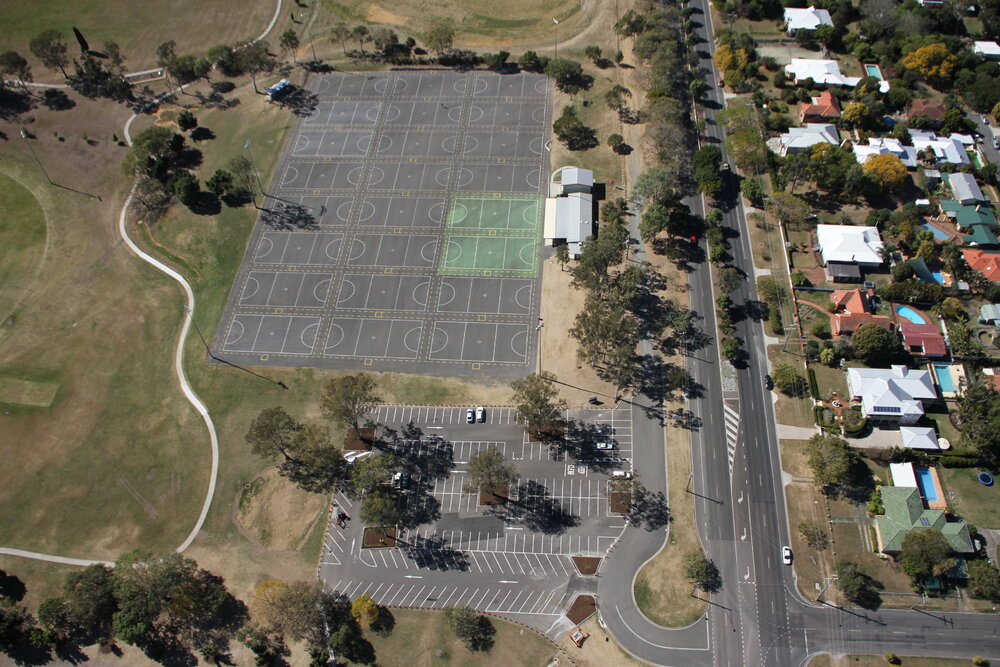 Aerial view of the netball courts, Limestone Park, Ipswich, August 2011