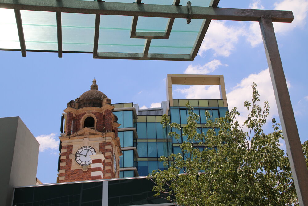 Ipswich Post Office and Icon building, framed by the awning of Tower Central, Ipswich, January 2014