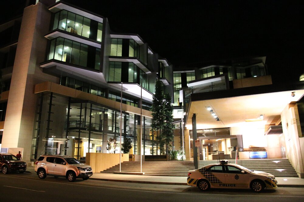 Ipswich Courthouse and Police Station at night, Ellenborough Street, Ipswich, April 2016