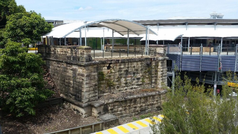 Sandstone abutments of the former road bridge over the Bremer River, North Ipswich, 2017