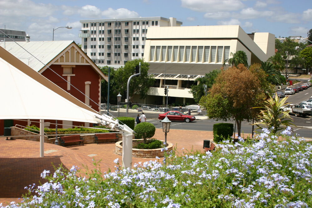View overlooking d'Arcy Doyle Place, towards the Ipswich Civic Centre from the grounds of St Paul's, Ipswich, February 2006