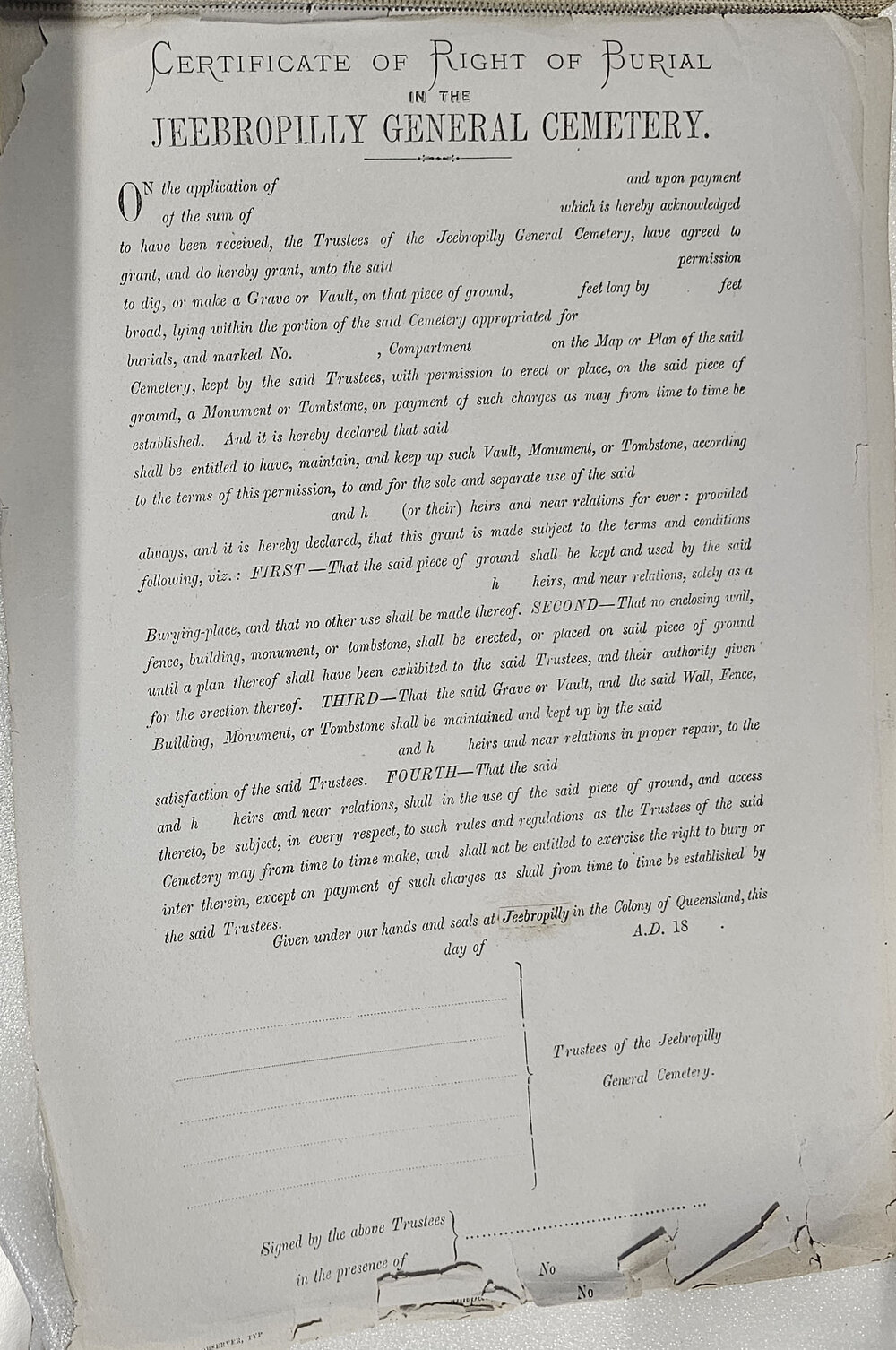 Jeebropilly General Cemetery - Certificate of Right of Burial