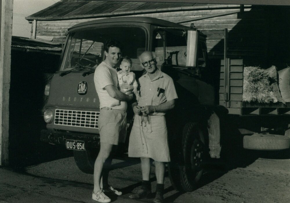 Don Risson with his son and grandson, and the Bedford, in 1986