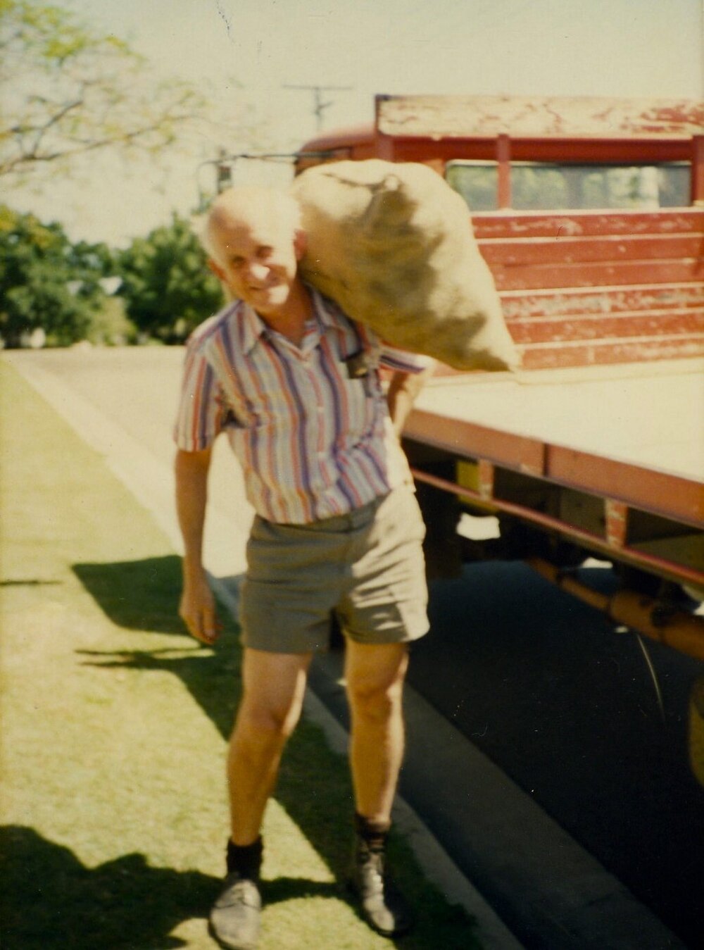 Don Risson carrying the last bag of spuds when the business was sold, 1986