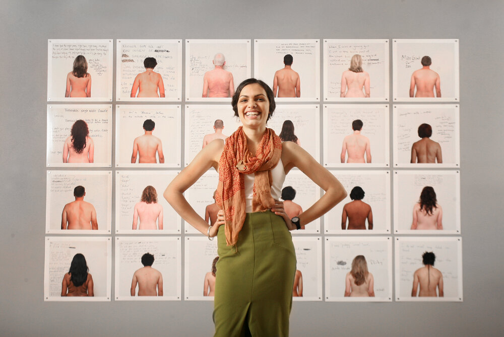 Sancintya Simpson with part of her exhibition on display at the Ipswich Art Gallery, Ipswich, 3rd January 2011