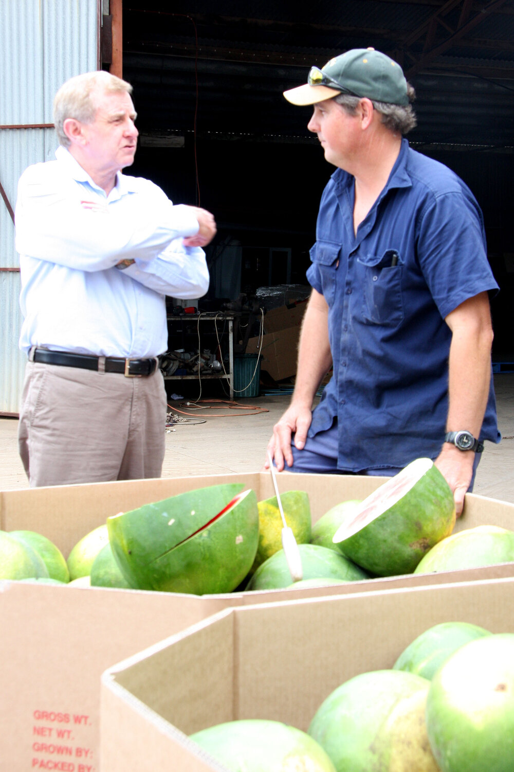 Federal minister for infrastructure Simon Crean speaking with fresh vegetable farmer Brian Crust where his watermelons have been been destroyed by flood water at Mt Sylvia, 5th January 2011