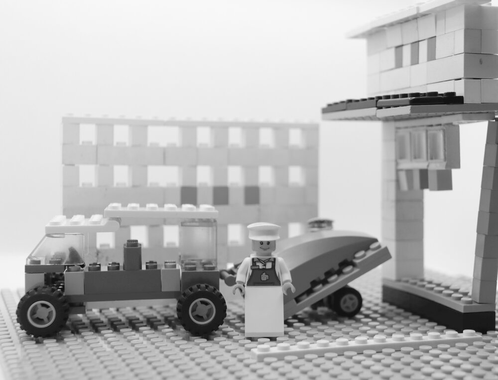 Brickswich version of Couple at Alpha Motors with their Mini Minor and Caravan, Brisbane Street, Ipswich, 1963