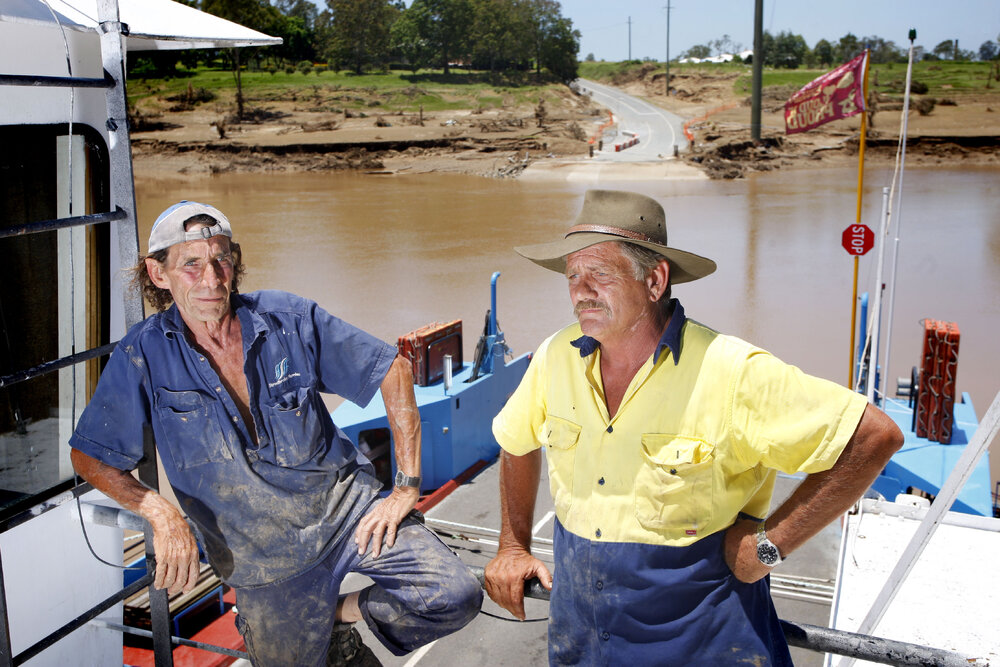 Moggill Ferry captain Greg Mole and former skipper Frank Dobias stayed on board the ferry during the flood crisis to ensure it's safety, Ipswich, 25th January 2011 