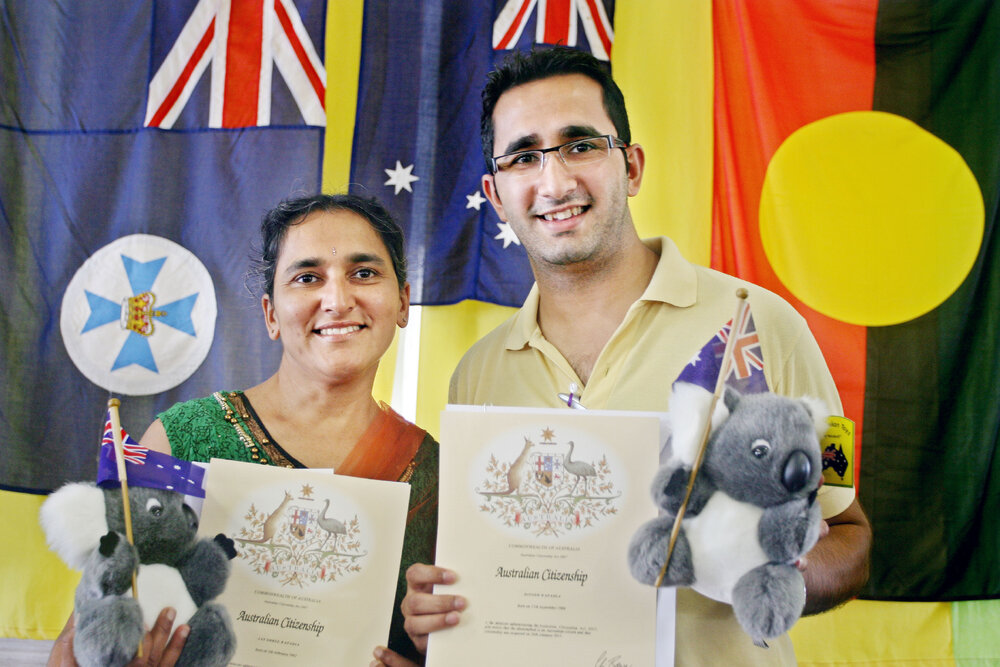 Jay Kapadia and her son Dipesh Kapadia have become Australian citizens on Australia Day, the family originated from Fiji, Ipswich, 26th January 2011