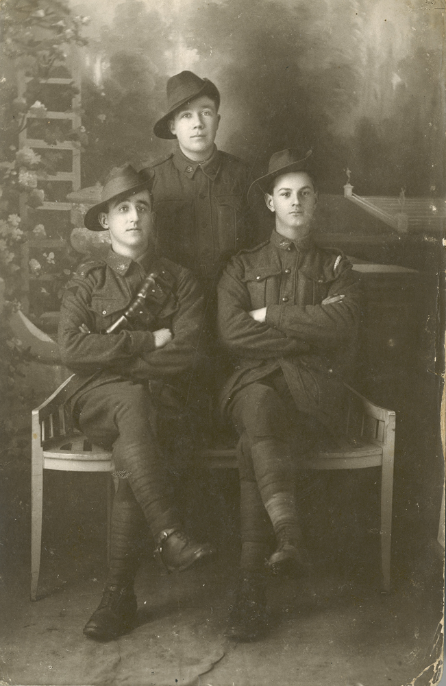 Photograph of three unidentified soldiers thought to be of Ipswich, Paris, 1914-1918