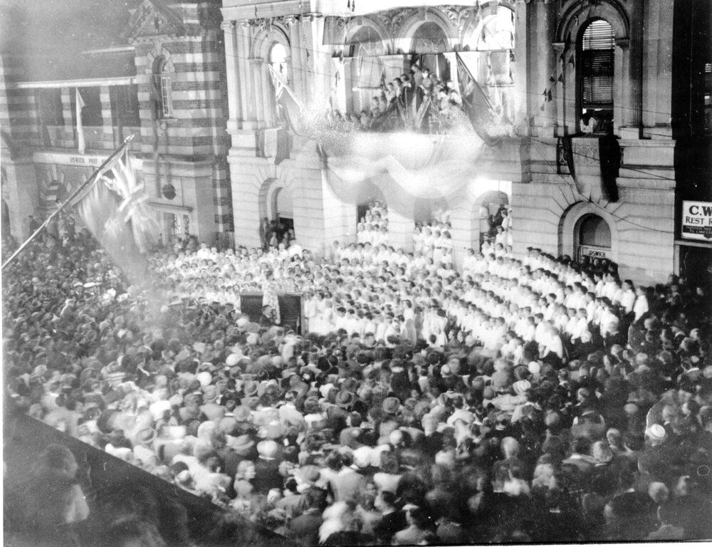 Gathering in front of the Old Town Hall for Coronation of Queen Elizabeth II, Brisbane Street, Ipswich, June 1953
