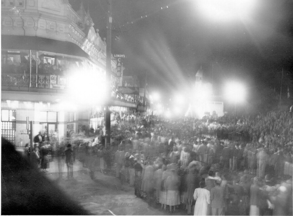 Gathering for Coronation of Queen Elizabeth II, Brisbane Street, Ipswich, June 1953