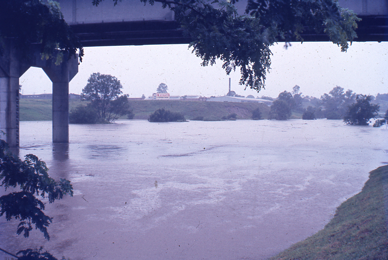 Flood waters at 36 feet (10.9m) under the David Trumpy Bridge, 8:30am, 26th January 1974