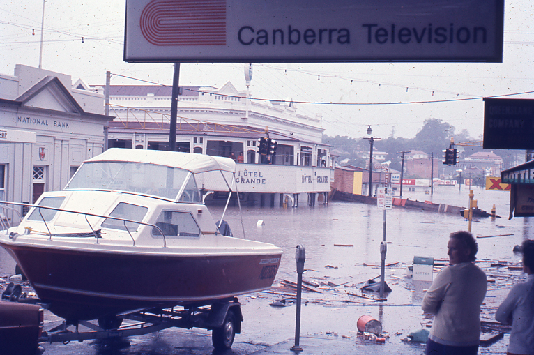 Flood waters inundating the corner of Brisbane and East Streets, Ipswich, Sunday morning, 27th January 1974