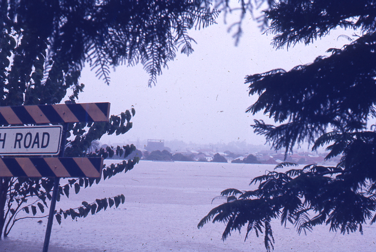 View across the Bremer River towards North Ipswich, 27th January 1974