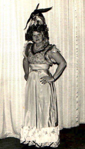 Edna Wensley dressed as Carmen Miranda, Ipswich, Sept 1956
