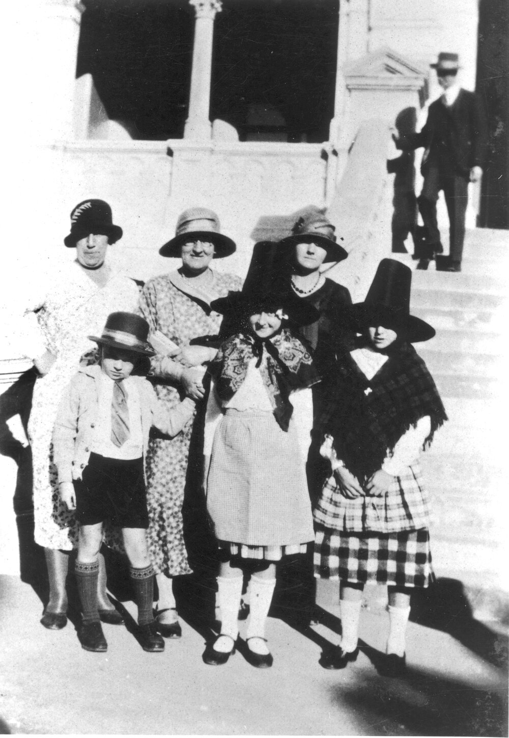 Children in Welsh clothing on the steps of Brynhfryd , Blackstone, Ipswich, 1930s